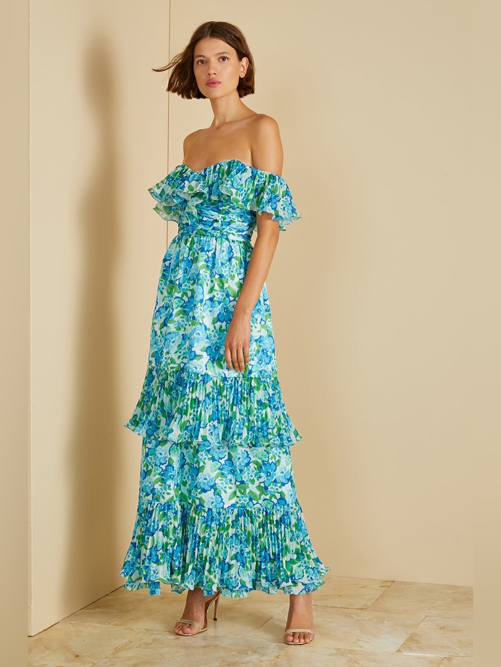 AMUR Pia Pleated Blue and Green Floral Strapless Ruffle Midi Dress